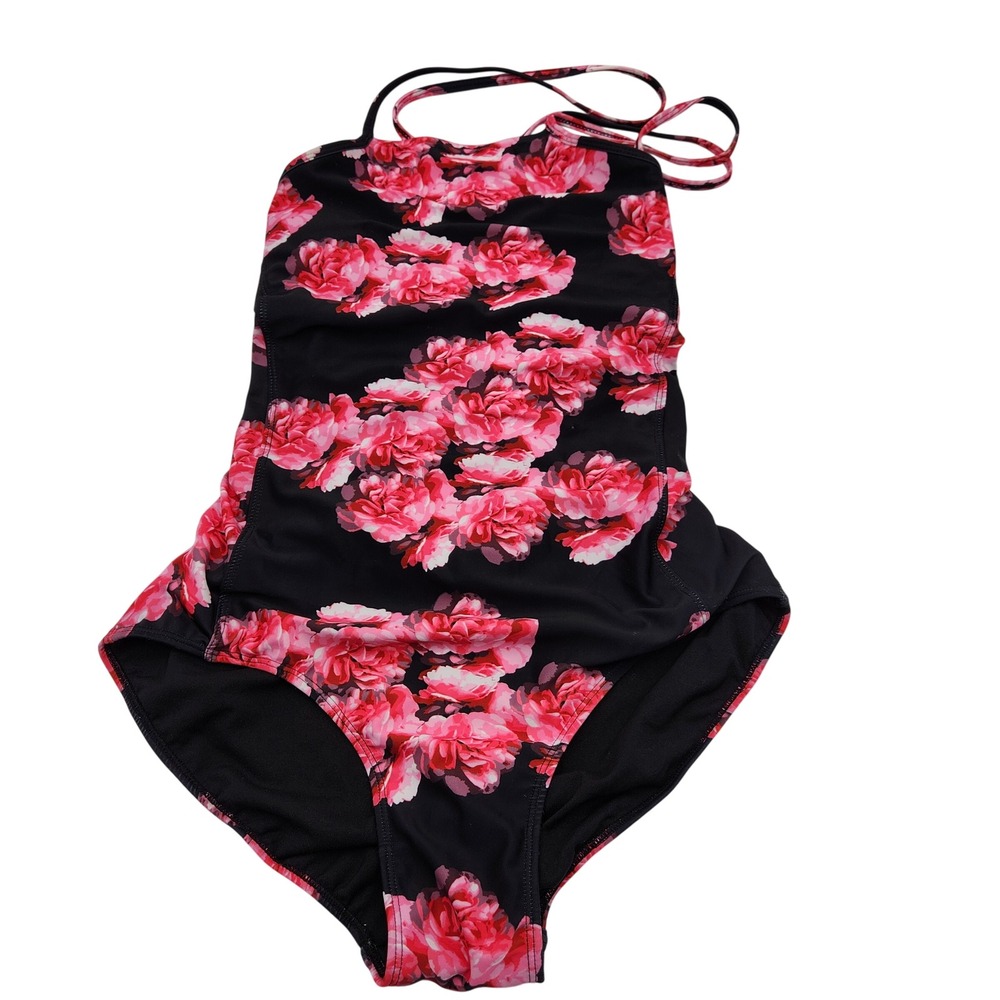 Albion Fit Womens Black Pink Peony Floral High Neck One Piece Swimsuit LG Modest